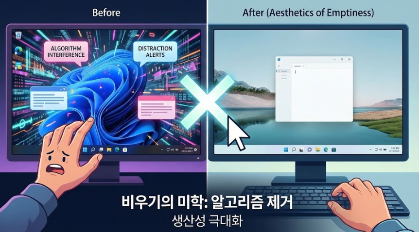 비우기의 미학: 윈도우 11의 '알고리즘 간섭'을 제거하고 생산성을 극대화하는 법
